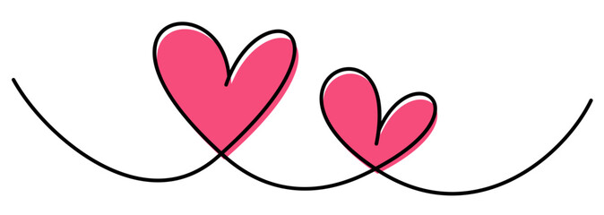 Vector illustration of two pink hand-drawn hearts connected by flowing black lines, symbolizing love and connection.