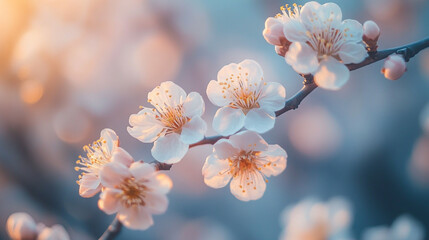 Blossom branches showcase delicate white flowers during springtime light