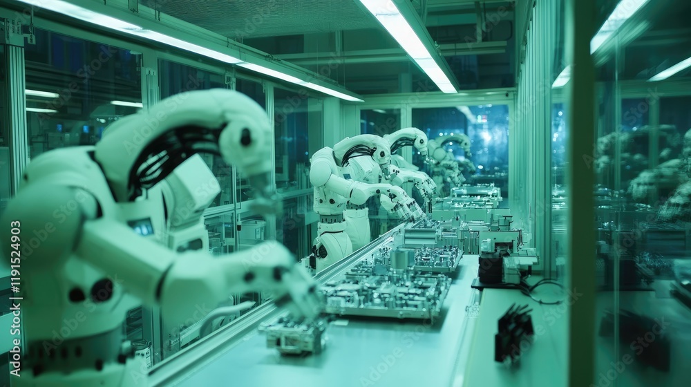 Poster Robotic Arms Assemble Electronic Components In Factory Setting