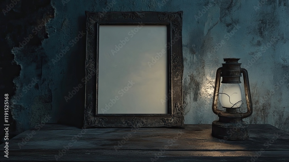 Poster antique frame and lantern on rustic table