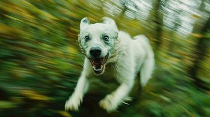 Obraz premium White Dog Running Through Autumn Woods