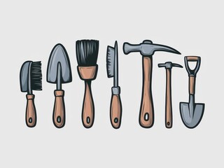 A Collection Of Various Hand Tools For Gardening And Construction