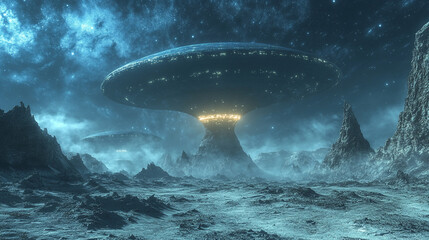 Fototapeta premium Strange alien landscape with hovering spacecraft above rocky terrain at night