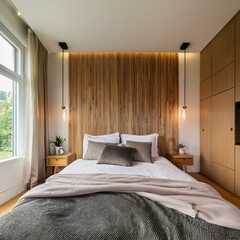 Generated image Scandinavian bedroom with a feature wall of natural wood panels, a minimalist bed frame
