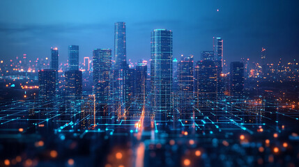 Fototapeta premium Modern city skyline illuminated at night with digital technology overlay