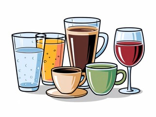 Assorted Beverages in Various Glasses and Cups
