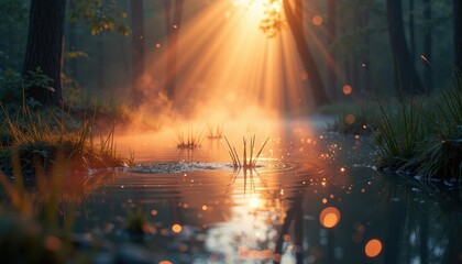 Fototapeta premium A Pond with Water, Grass, Sunbeam, Fog, and Trees in the Foreground