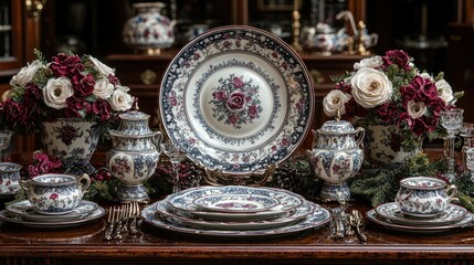 Fototapeta premium Elegant Floral Porcelain Dinnerware Set Displayed Beautifully