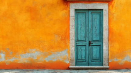 Colorful blue door against vibrant orange wall with tree shadows in sunny outdoor setting