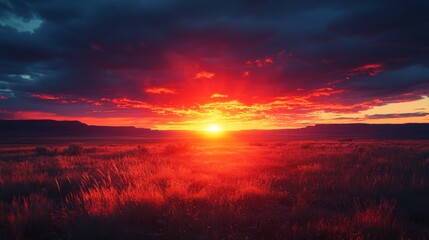 Fototapeta premium Beautiful sunset over mountains with vibrant orange and red colors illuminating the sky