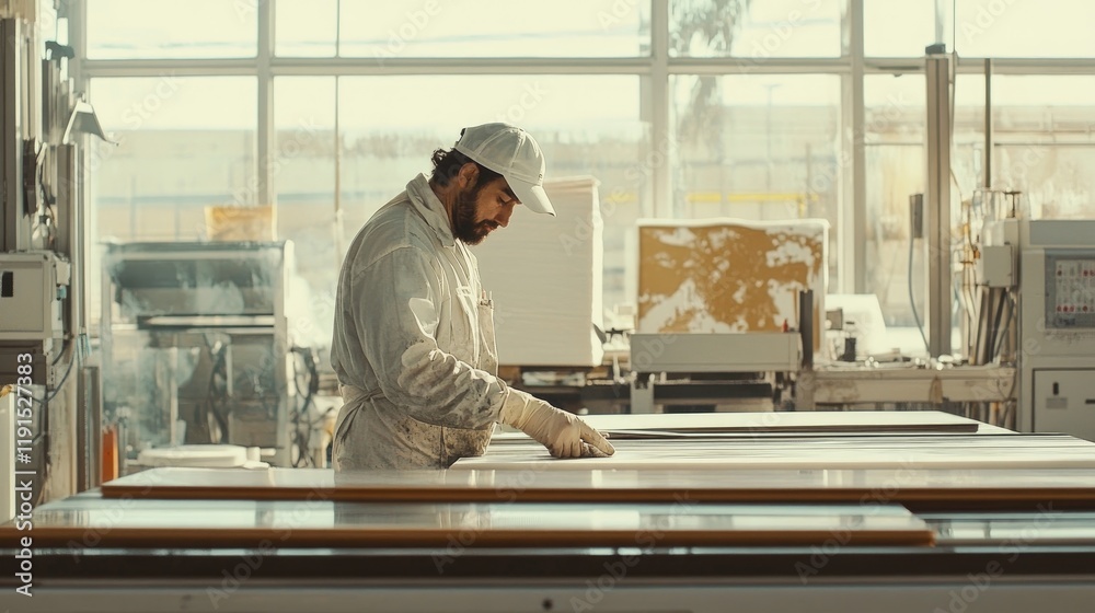 Poster Man working diligently in a factory setting with large panels