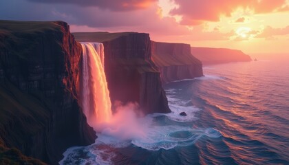 A Stunning Waterfall at Sunset with Cliffs and Watershed Surroundings