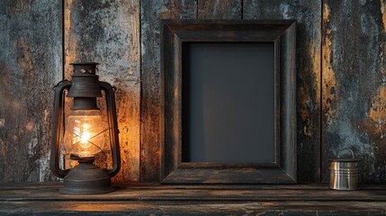 Illuminated Lantern Beside Rustic Frame and Tin