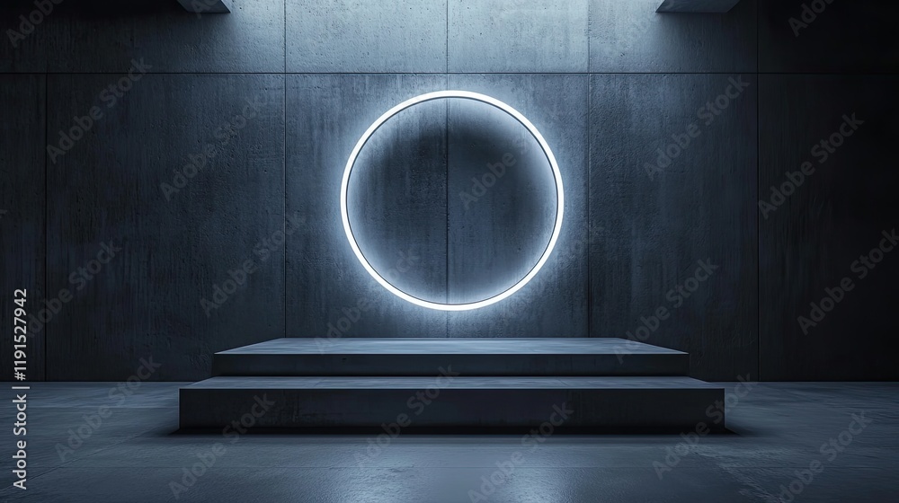 Poster illuminated concrete platform with circular neon light