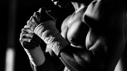 A muscular athlete, possibly of African descent, prepares for a boxing match with wrapped hands, showcasing strength and determination against a dark backdrop.