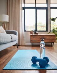 Generated image House, floor and mat with gym equipment in room for home cardio workout, health or wellness.