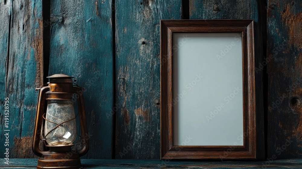 Poster Rustic Lantern and Blank Frame Against Weathered Wood