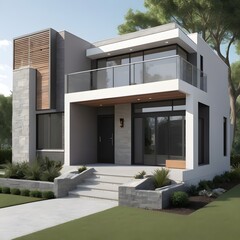Modern house, A medium-sized urban townhouse with a sleek, modern facade, rooftop terrace, and minimal landscaping, ideal for a compact, city living home concept.