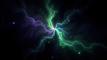 Fototapeta premium Vibrant abstract cosmic space nebula with purple and green hues.
