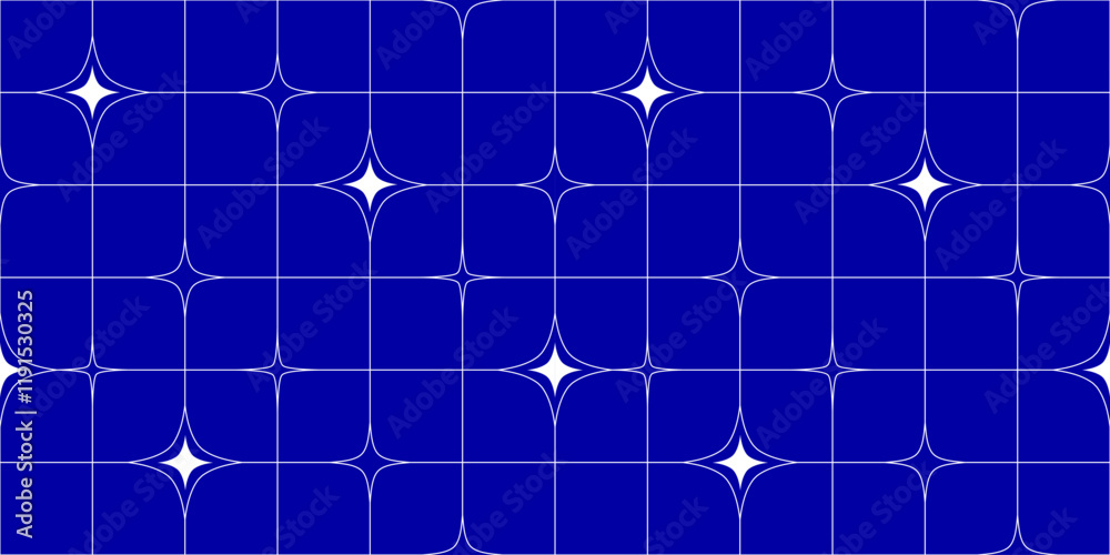 Leinwandbilder Y2K Seamless Pattern with Lines and Sparkling Stars on a Blue Background. An Abstract Simple Graphic with a Grid and Geometric Elements. A Vector Magic Galaxy Background