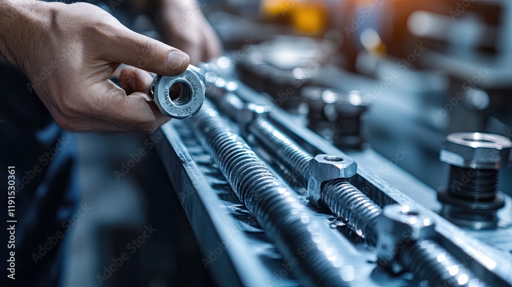 Poster a worker inspects precision engineered metal screws and nuts