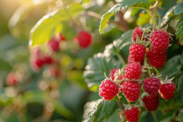 Close up of ripe red raspberries growing on a bush in the sunlight, ready for harvest
