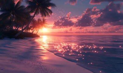 Depict the scene at sunrise with the palm trees illuminated by the first light