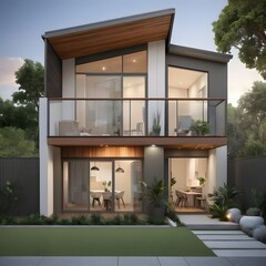 Modern house, A medium-sized urban townhouse with a sleek, modern facade, rooftop terrace, and minimal landscaping, ideal for a compact, city living home concept.