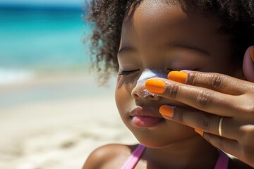 Mother applying sunscreen to daughter's nose on beach