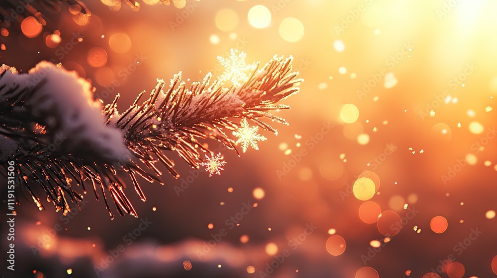 Poster snow covered pine branch with sparkling snowflakes at sunset