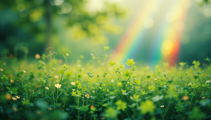 Obraz premium Field of flowers with a rainbow in the background. Scene is bright and cheerful. Banner, poster, background, Copy space. St Patrick's Day