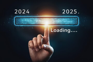 A person pointing to loading bar transitioning from 2024 to 2025 Progress and transition from 2024 to 2025 concept future planning and new year goals annual planning and business