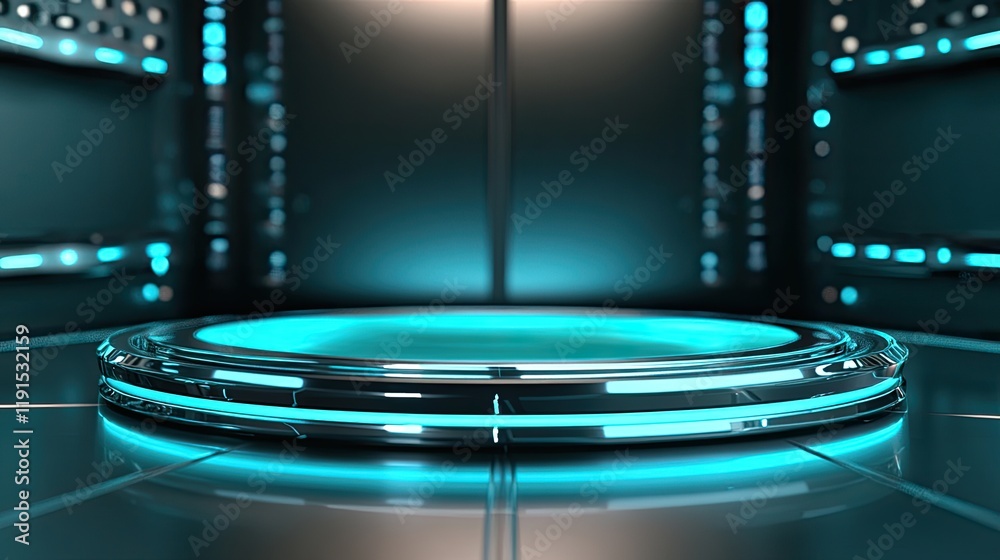 Poster futuristic circular platform with cyan lighting