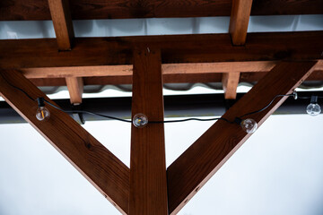 View from below of a wooden terrace with triangular beams, unlit LED string lights, and a corrugated metal roof against a visible sky.