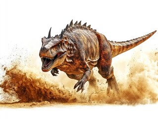 Dinosaur running, dust cloud, prehistoric scene, educational illustration