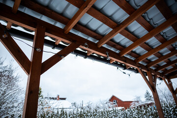 A wooden terrace with a metal roof and string lights, set against snow covered rooftops, trees, and...