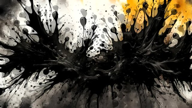 Abstract splash art featuring black paint droplets against a light background.