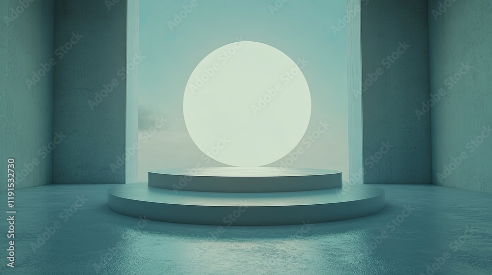 Poster minimalist two tiered platform display against serene background
