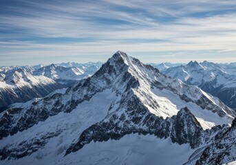 Aerial view of majestic snow-capped mountain peaks, rugged alpine landscape, vast mountain range, dramatic jagged ridges, pristine white snow, deep blue sky with wispy clouds, crisp winter sunlight, h