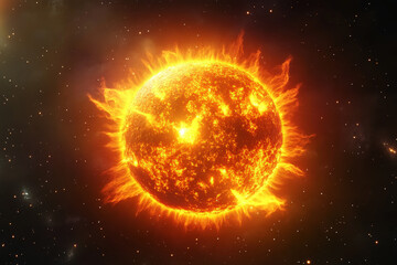 Fototapeta premium Illustration of a sun with glowing corona on a black space background with stars, cosmic image