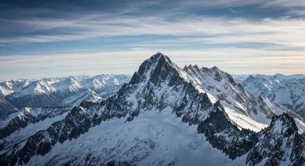 Obraz premium Aerial view of majestic snow-capped mountain peaks, rugged alpine landscape, vast mountain range, dramatic jagged ridges, pristine white snow, deep blue sky with wispy clouds, crisp winter sunlight, h