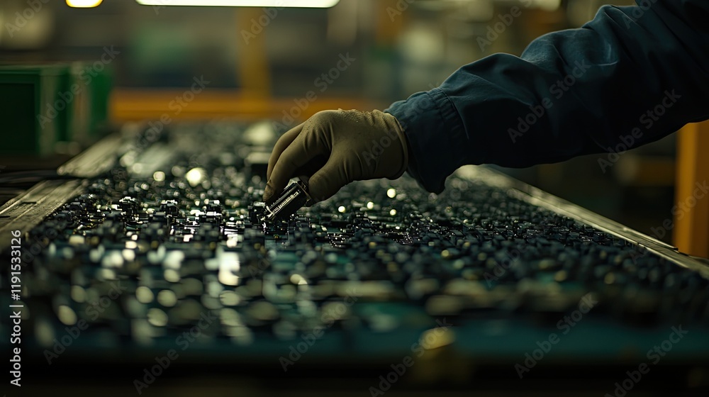 Poster Gloved Hand Places Component On Circuit Board Assembly Line