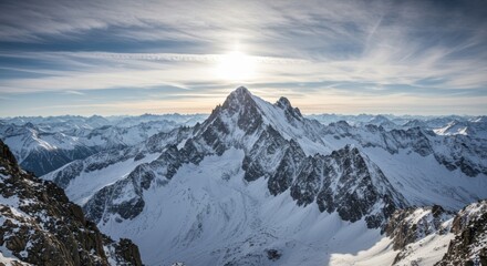 Aerial view of majestic snow-capped mountain peaks, rugged alpine landscape, vast mountain range, dramatic jagged ridges, pristine white snow, deep blue sky with wispy clouds, crisp winter sunlight, h