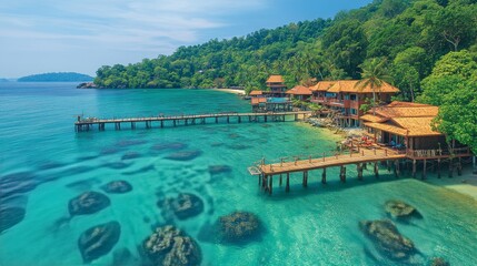 Obraz premium Tropical island retreat with wooden dock leading to a beachfront villa on a sunny day