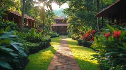Fototapeta premium Lush garden pathway leads to tropical resort in the early morning light surrounded by greenery