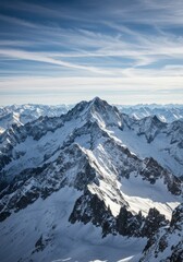Obraz premium Aerial view of majestic snow-capped mountain peaks, rugged alpine landscape, vast mountain range, dramatic jagged ridges, pristine white snow, deep blue sky with wispy clouds, crisp winter sunlight, h
