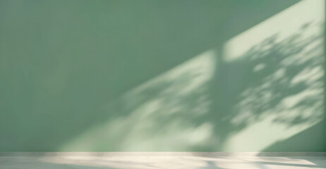 Minimalistic beautiful background, light green painted wall with blurred shadow from window with marble floor. Copy space