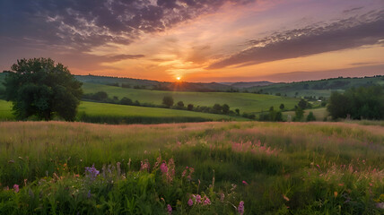 Scenic Sunset Over a Serene Meadow