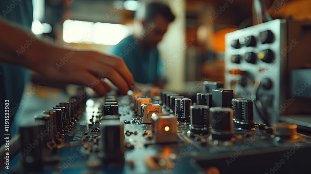 Poster hands working on an electronic circuit board