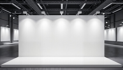 Minimalist trade show banner in empty exhibition area, marketing concept